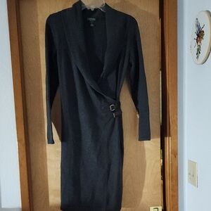Lauren By Ralph Lauren Sweater Dress Charcoal Gray Faux Wrap Belt Buclle Detail